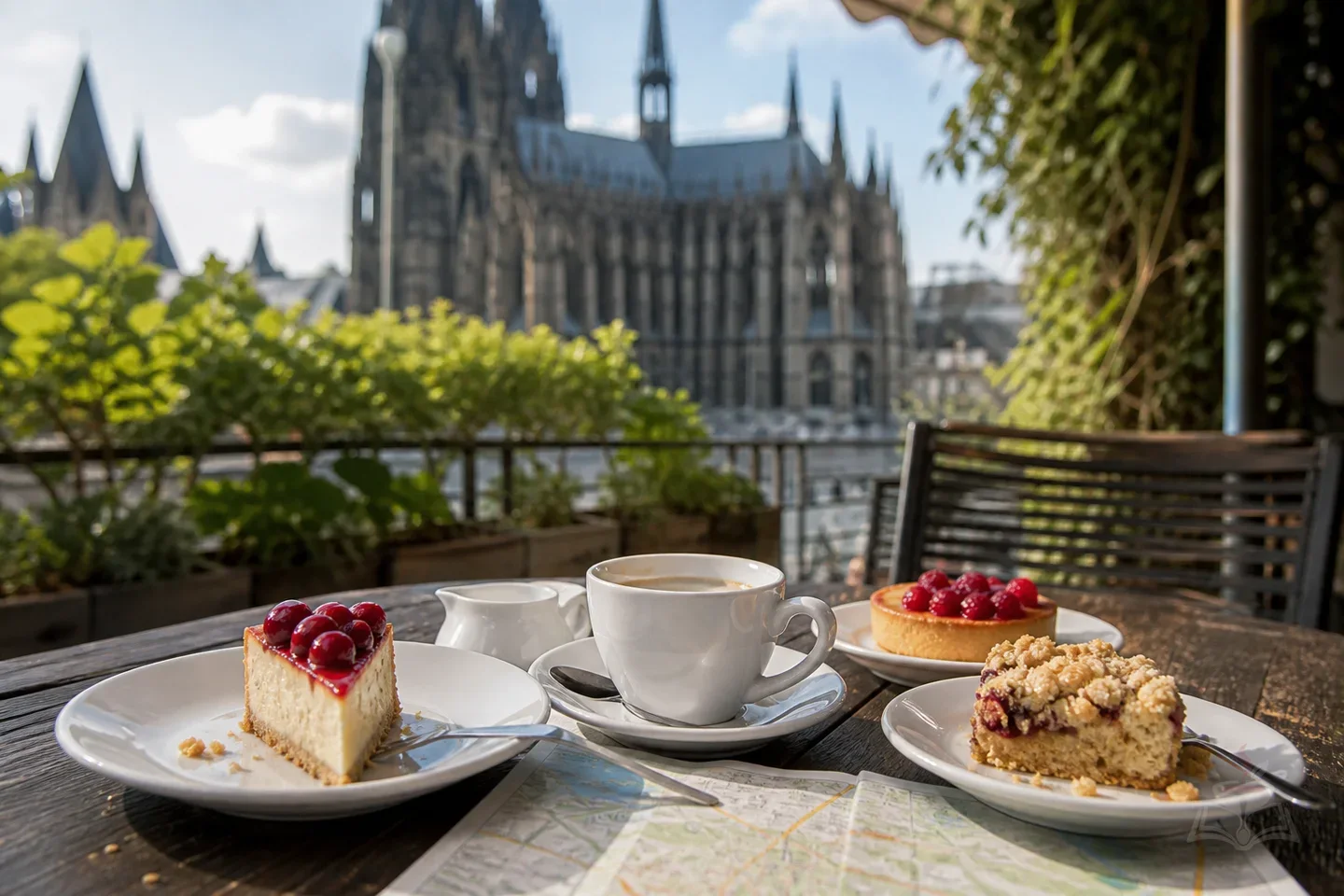 Editorial illustration of Cologne coffee and cake culture near the cathedral