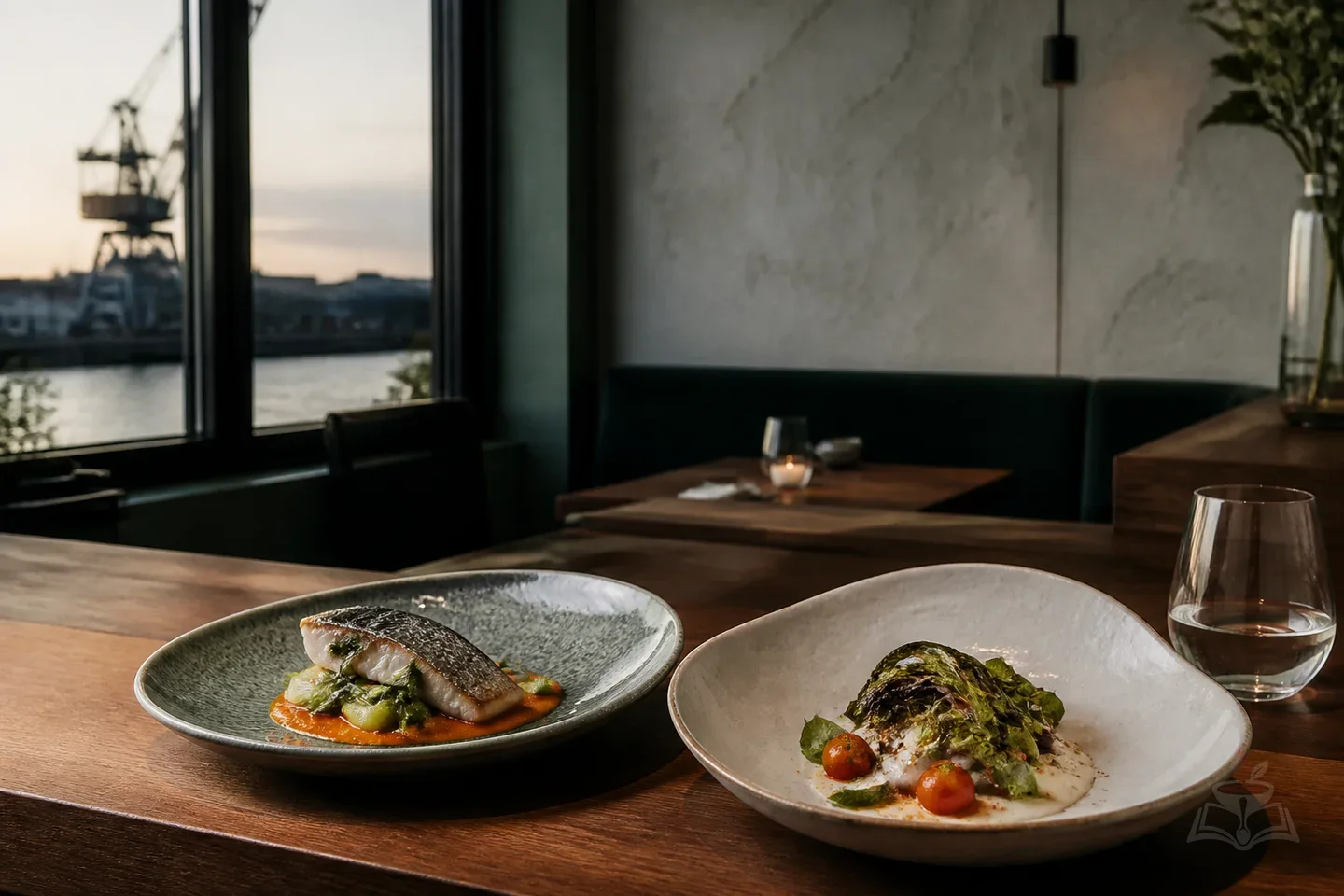 Editorial illustration of contemporary fine dining beside Cologne's Rhine harbour