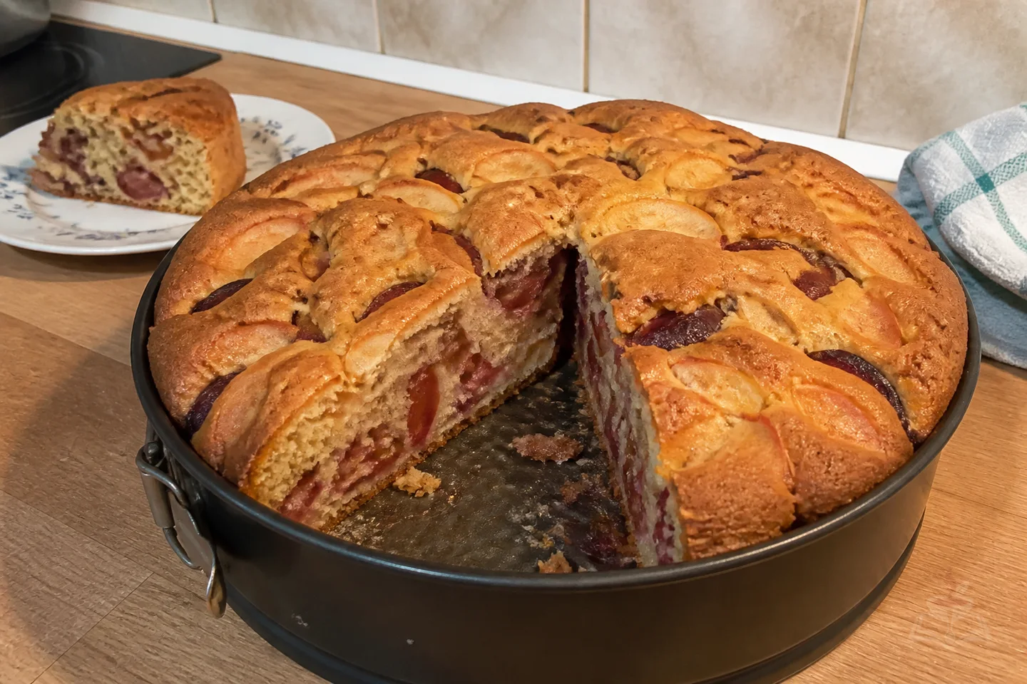 Homestyle apple and plum cake with a golden crust and visible fruit pieces