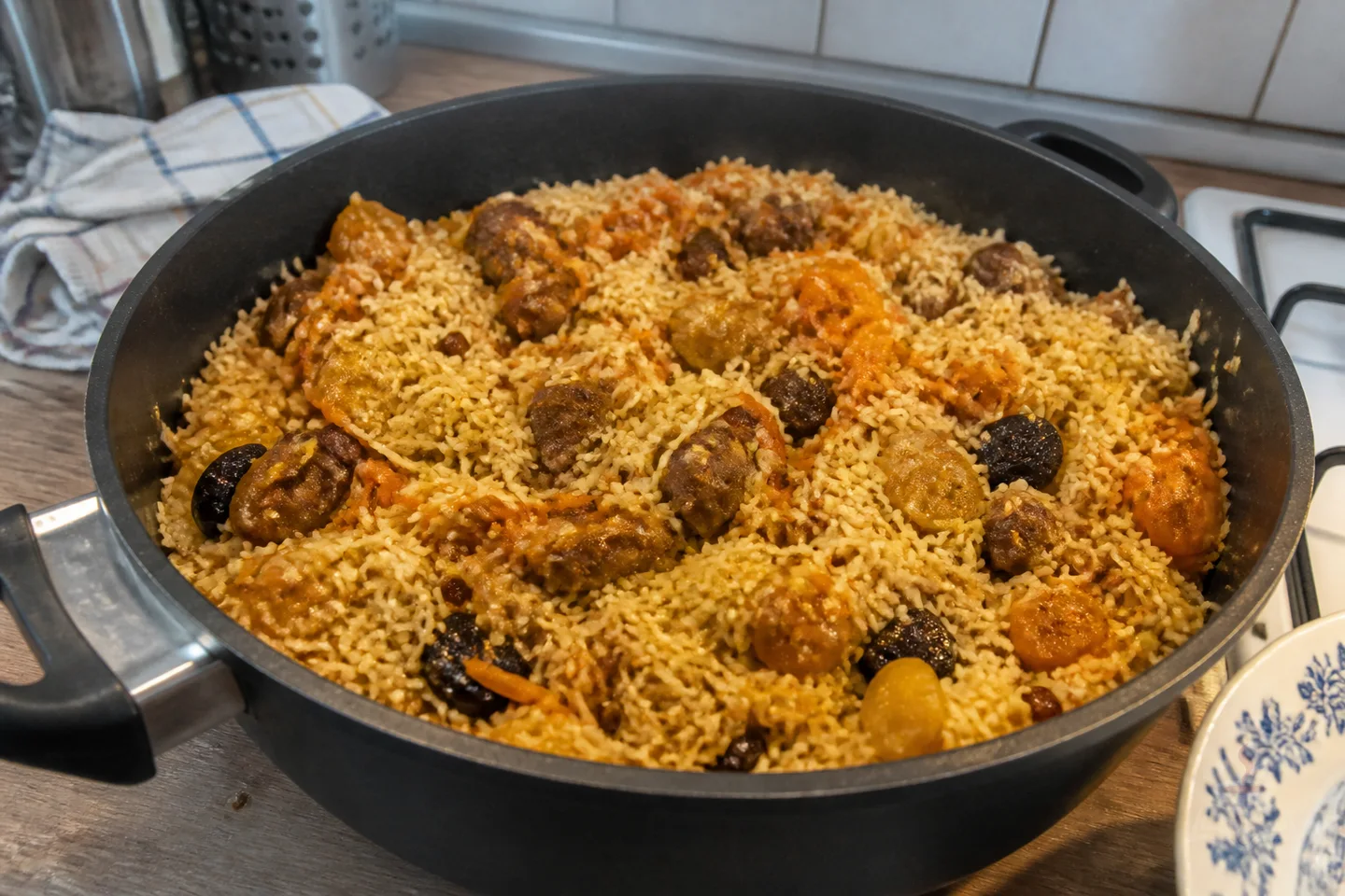 Lamb pilaf with dried apricots, golden raisins, sour plums, carrots, onions, and herbs