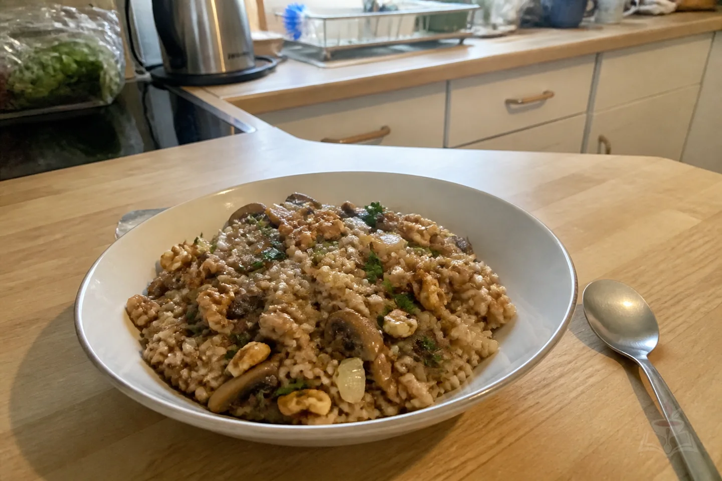 Armenian spelt pilaf with mushrooms walnuts and herbs