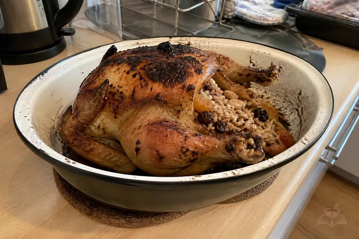 Armenian amich roast chicken stuffed with rice dried fruit and almonds