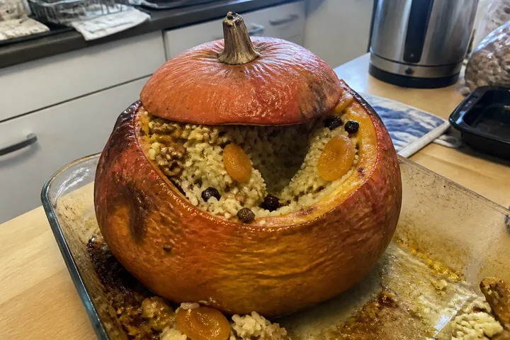 Armenian ghapama whole pumpkin filled with rice dried fruit nuts and honey
