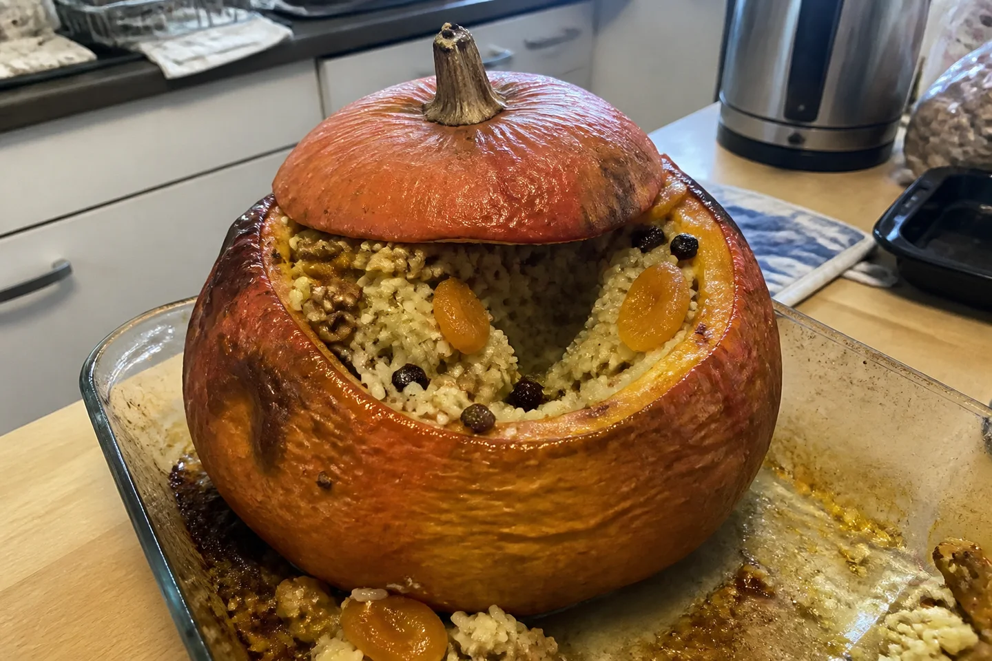 Armenian ghapama whole pumpkin filled with rice dried fruit nuts and honey
