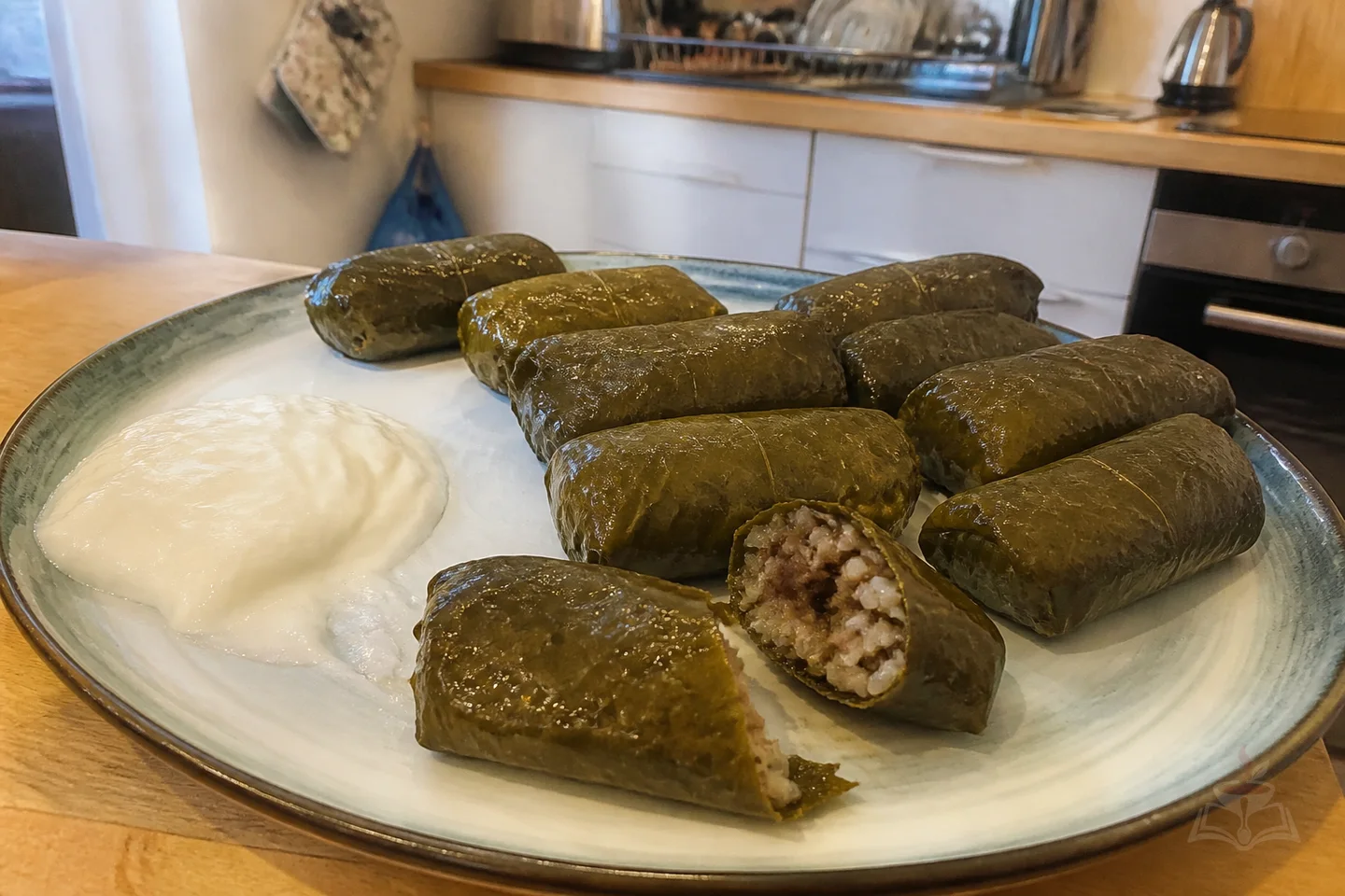 Armenian grape leaf tolma with garlicky matsoni and herbs