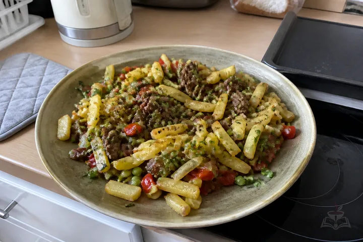 Armenian ker u sus beef and fried potatoes with peppers peas and pickles