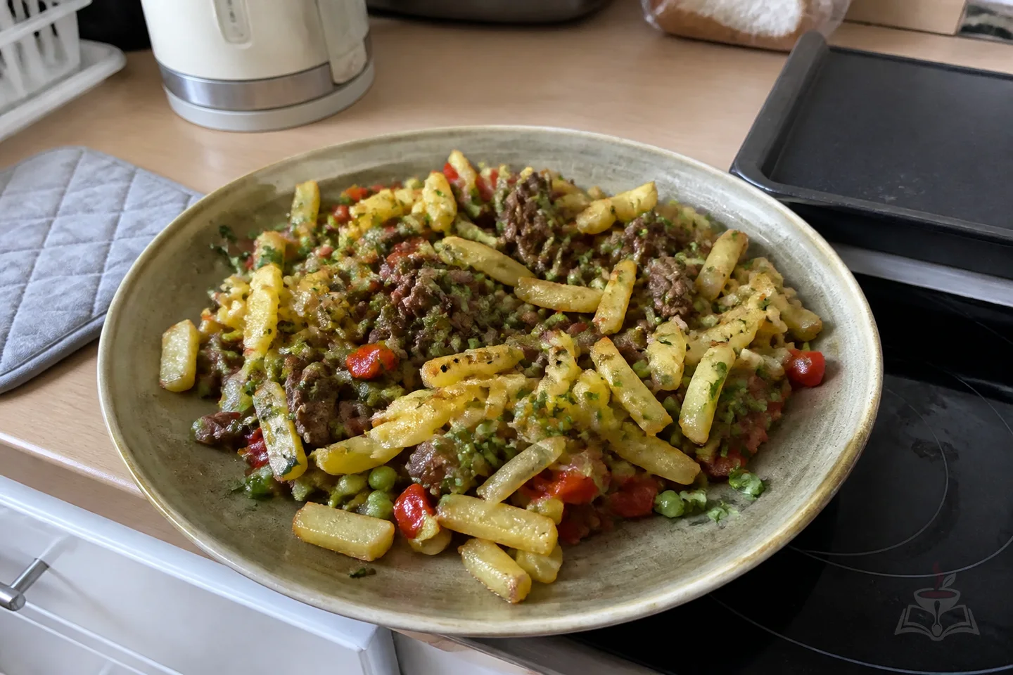 Armenian ker u sus beef and fried potatoes with peppers peas and pickles