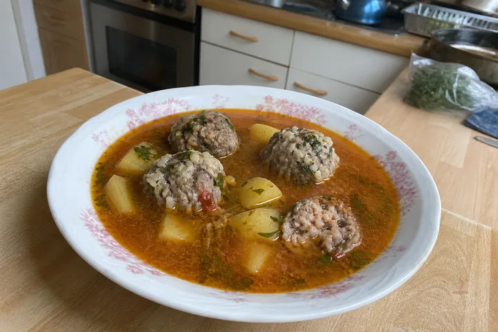 Armenian kololak soup with large beef meatballs potatoes rice and herbs