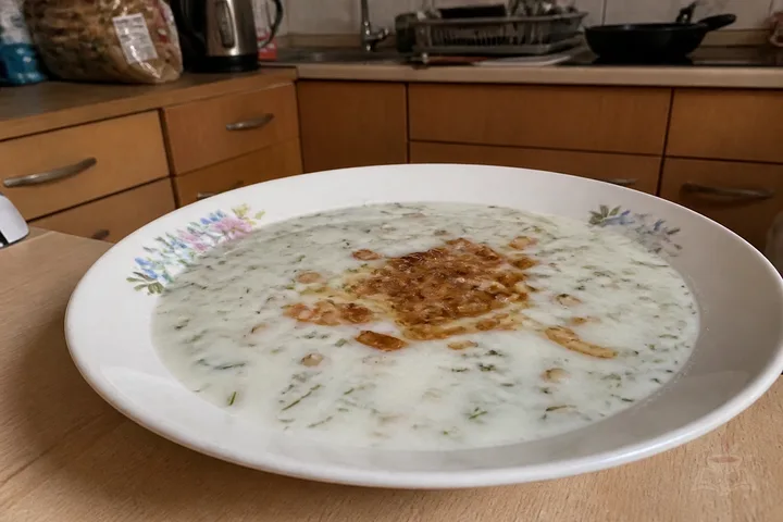 Armenian spas yogurt soup with wheat berries herbs and fried onion