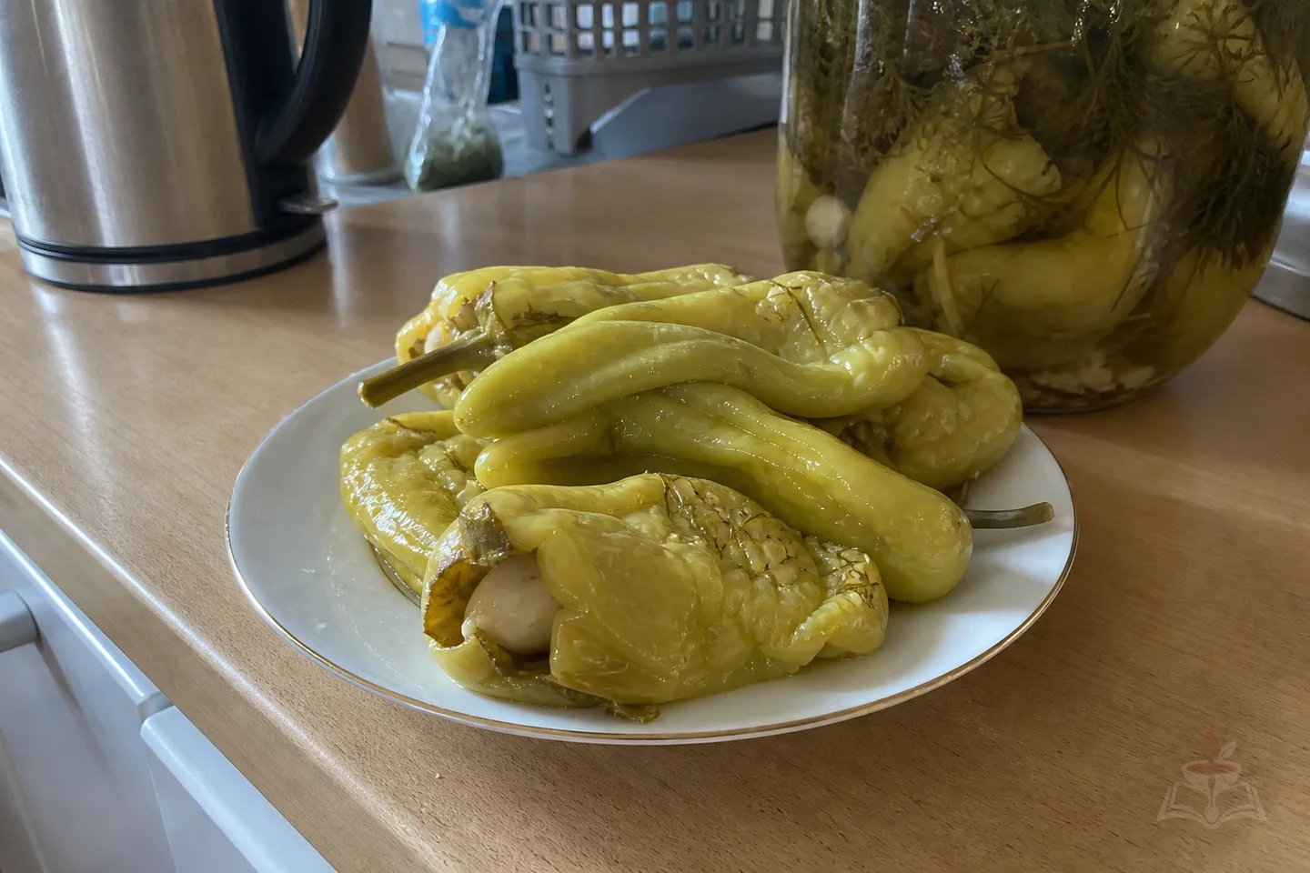 Armenian fermented green tsitsak peppers with garlic and dill