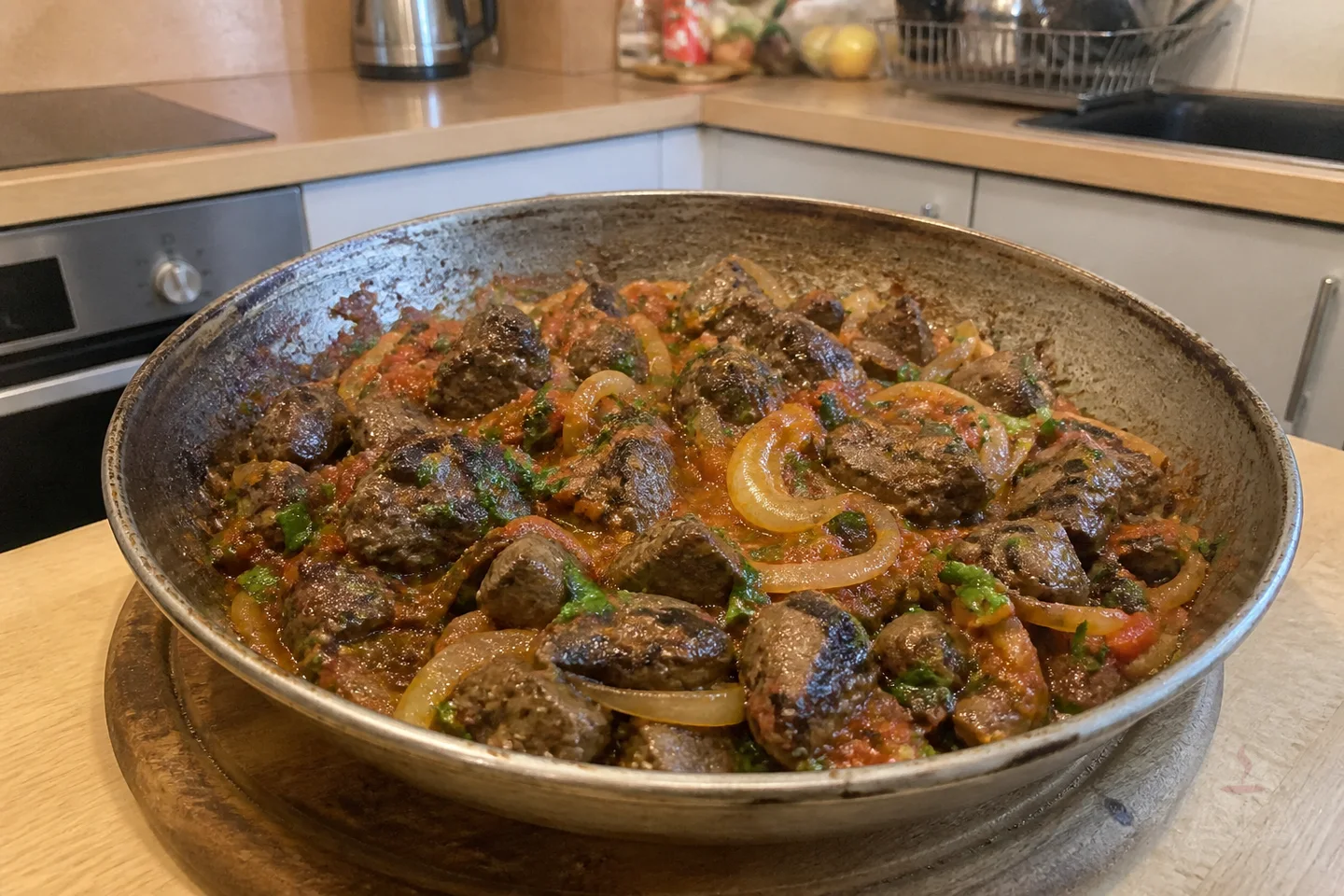 Armenian tzhvzhik beef liver in tomato sauce with onions and herbs