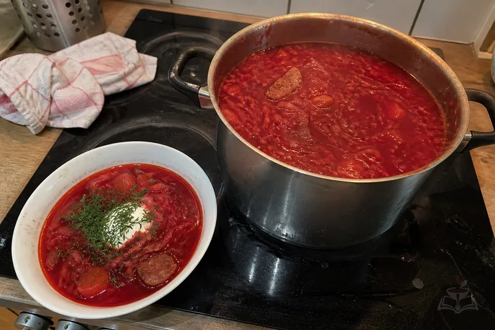 Classic beef borscht with sour cream and fresh dill