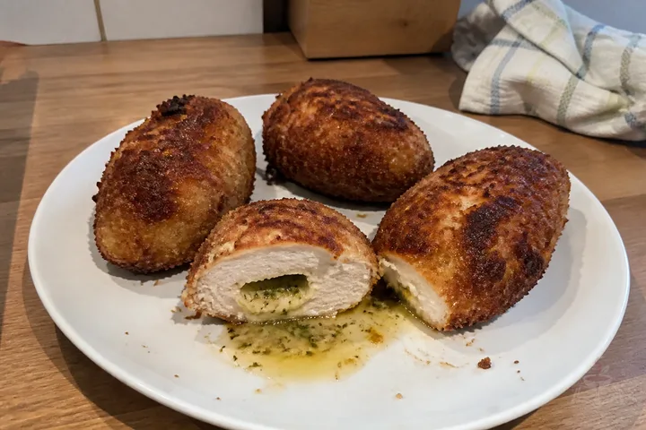 Classic Chicken Kyiv cut open to reveal garlic and herb butter inside a crisp breaded crust