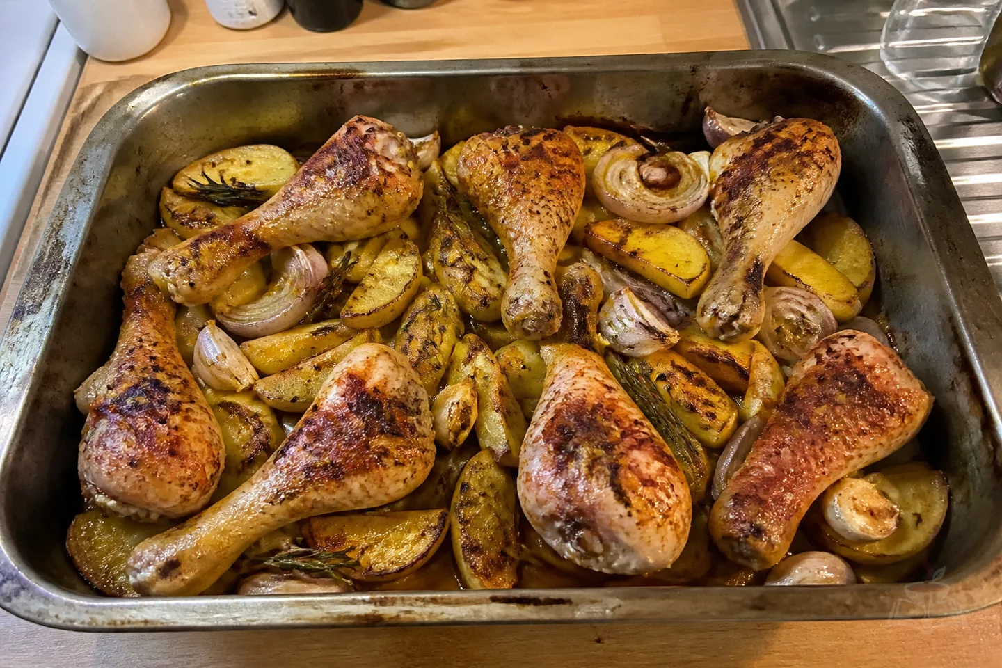Baked chicken drumsticks with potatoes, garlic, and rosemary