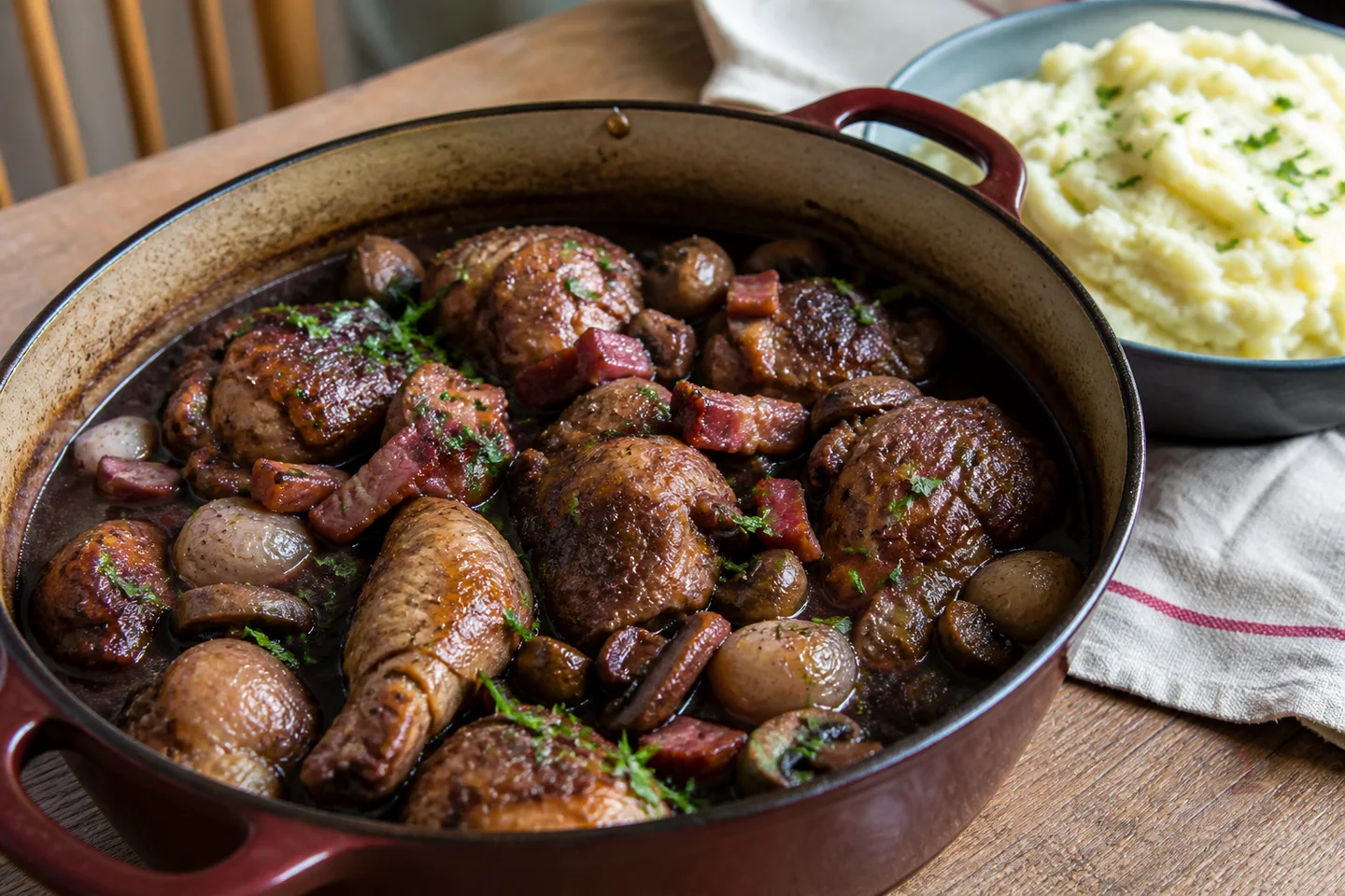 French coq au vin with chicken, mushrooms, pearl onions, bacon, and red wine sauce