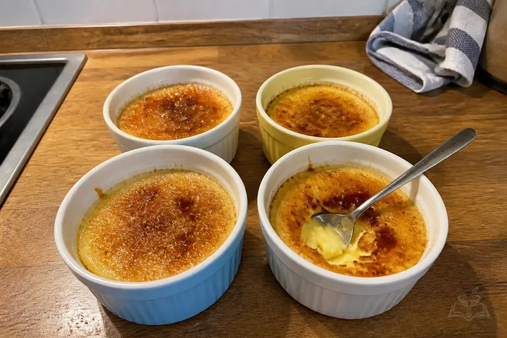 Four French crème brûlée ramekins with caramelized sugar tops and one cracked crust