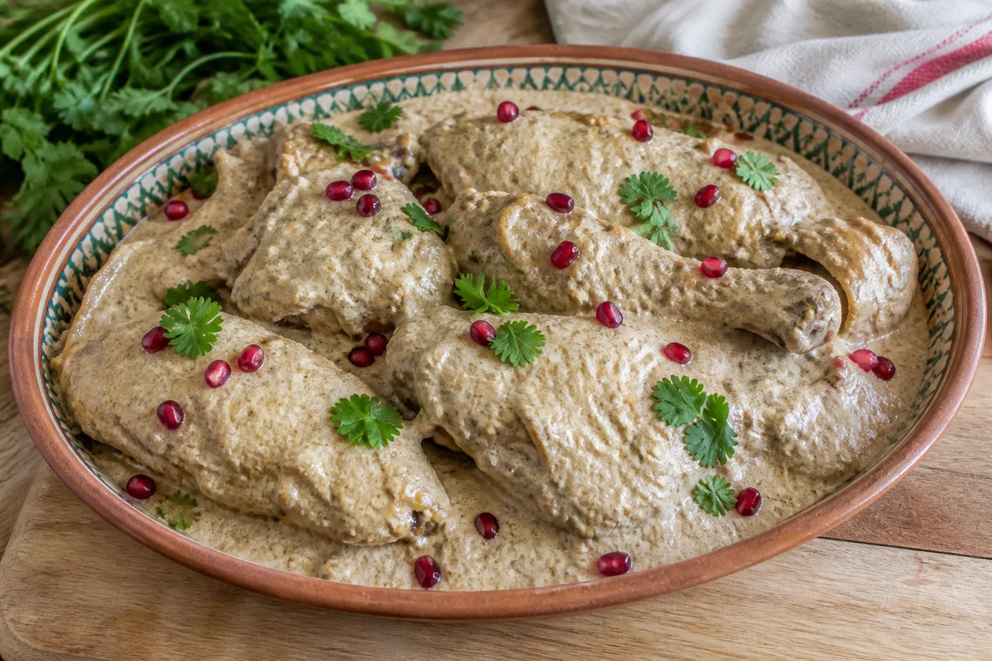 Georgian chicken satsivi in walnut sauce with pomegranate and cilantro
