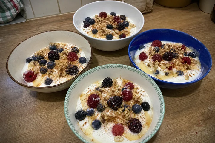 Georgian matsoni breakfast bowls with walnuts, berries, and honey