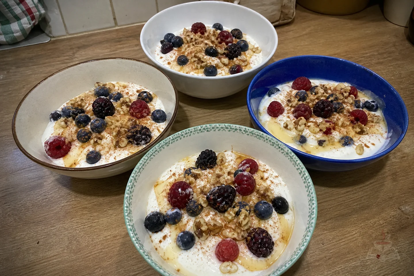 Georgian matsoni breakfast bowls with walnuts, berries, and honey