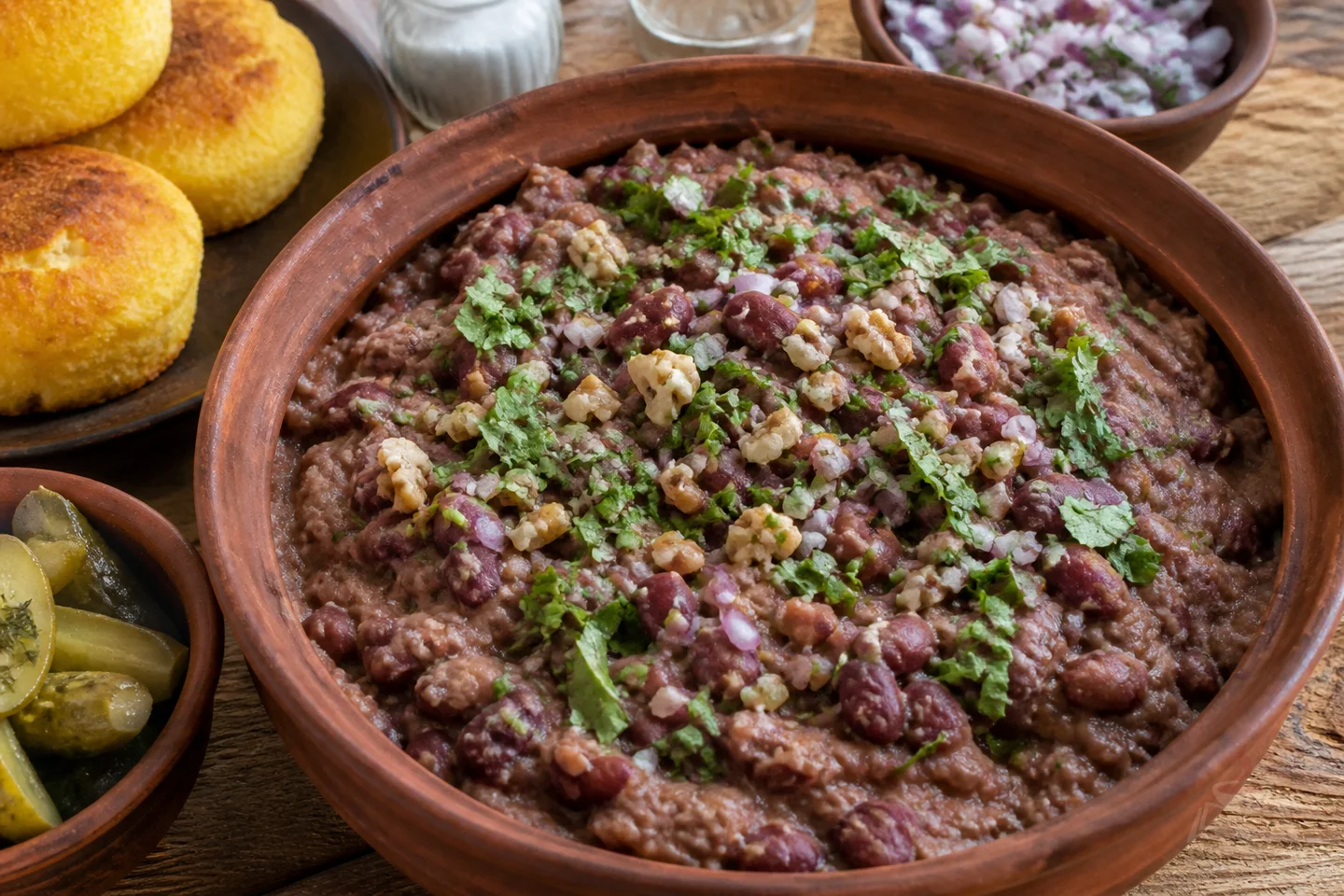 Georgian red bean lobio in a clay pot with herbs, walnuts, and mchadi