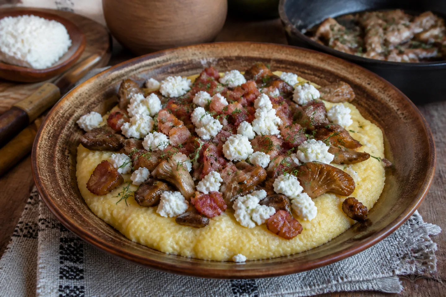 Hutsul banosh cornmeal with bryndza cheese, mushrooms, bacon, and herbs