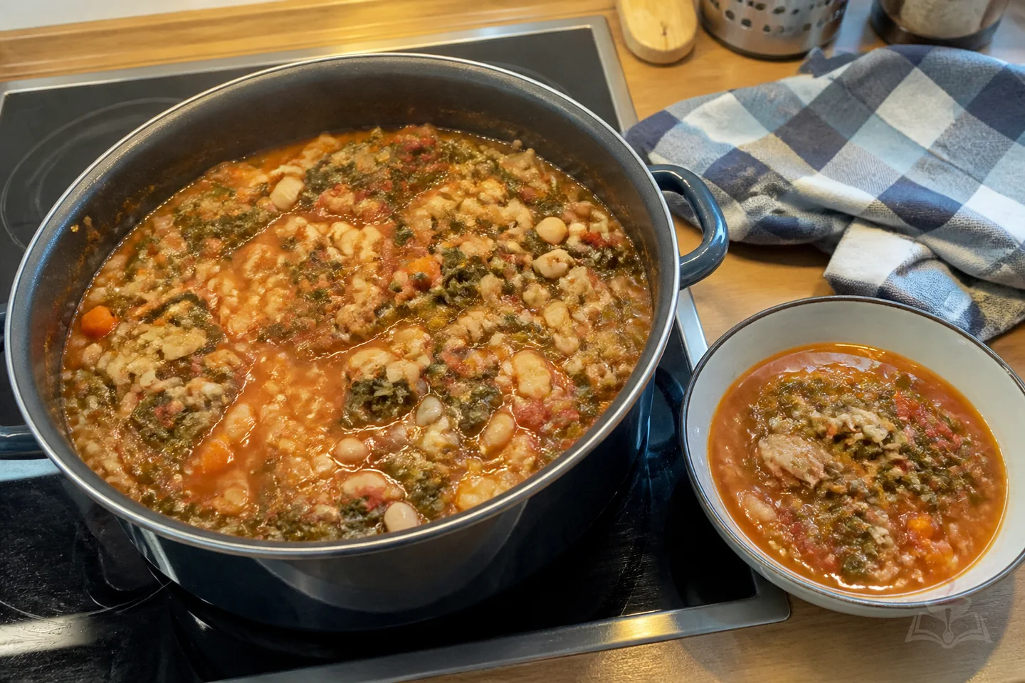 Tuscan ribollita with white beans, kale, vegetables, bread, and olive oil