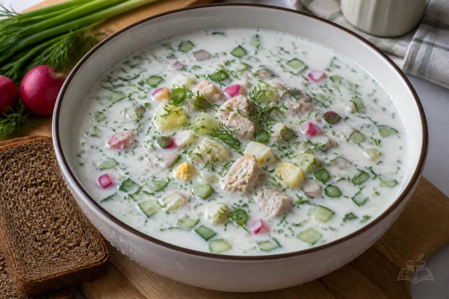 Cold kefir okroshka with cucumber, radish, potato, egg, and dill