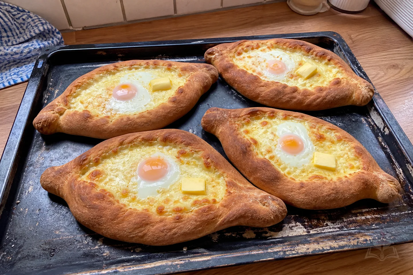 Adjarian khachapuri with melted cheese, egg yolk, and butter