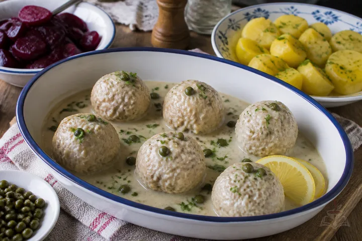 Königsberger Klopse meatballs in creamy caper sauce with boiled potatoes