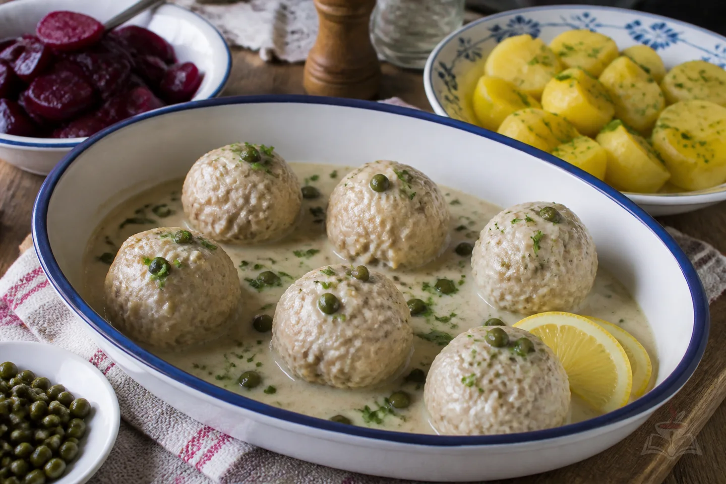 Königsberger Klopse meatballs in creamy caper sauce with boiled potatoes