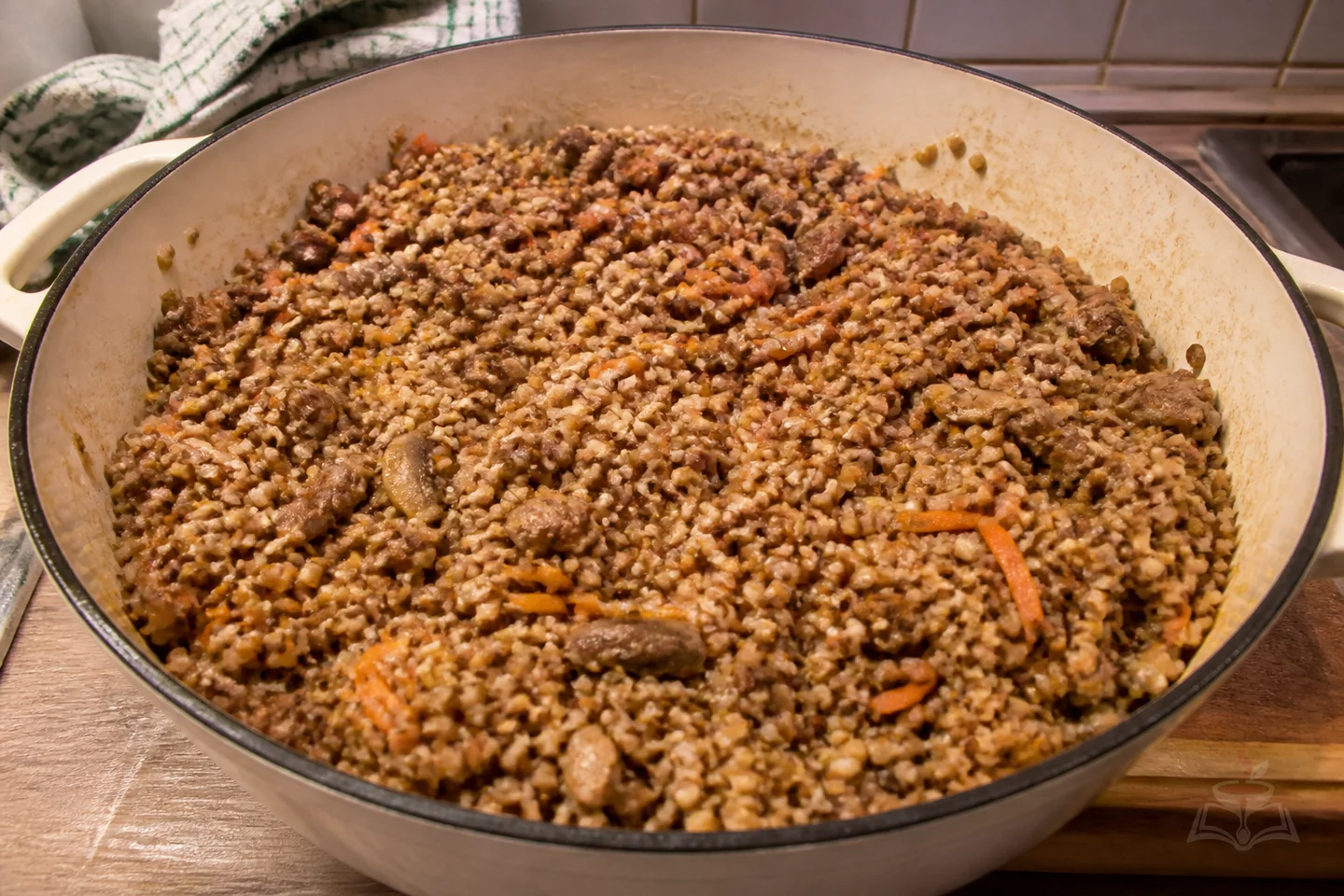 Merchant-style buckwheat with beef, mushrooms, carrots, and parsley