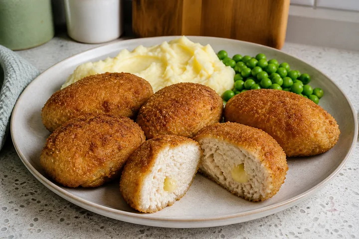 Golden Pozharsky chicken cutlets with mashed potatoes and peas