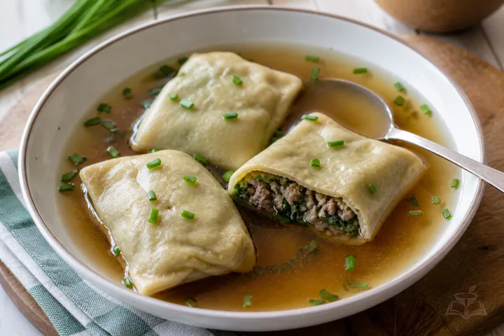 Swabian Maultaschen pasta parcels served in clear broth with chives