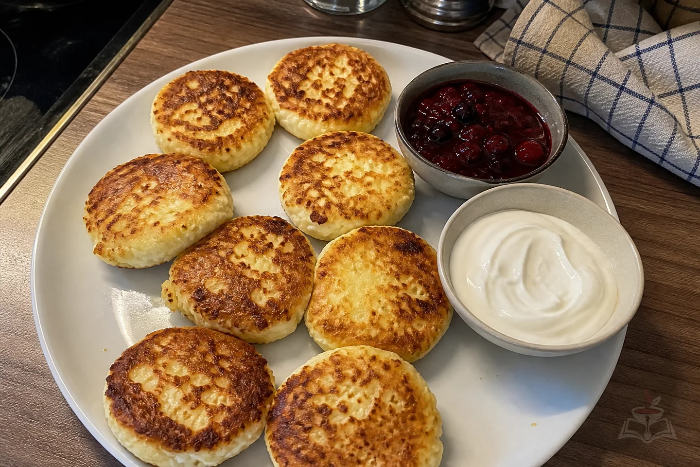 Golden syrniki with sour cream, raspberries, and blueberries
