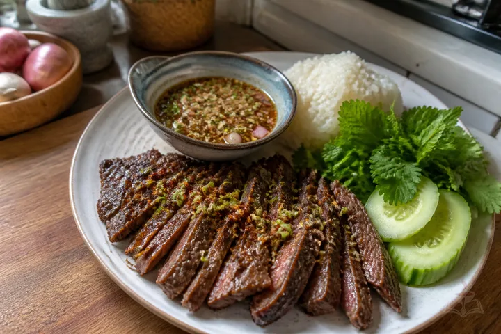 Thai Crying Tiger sliced grilled beef with spicy jaew sauce and herbs