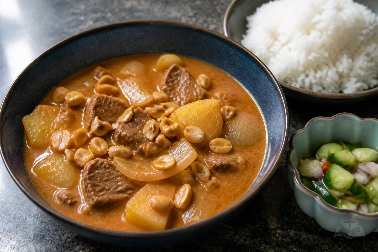 Thai massaman beef curry with potatoes, peanuts, coconut sauce, and jasmine rice