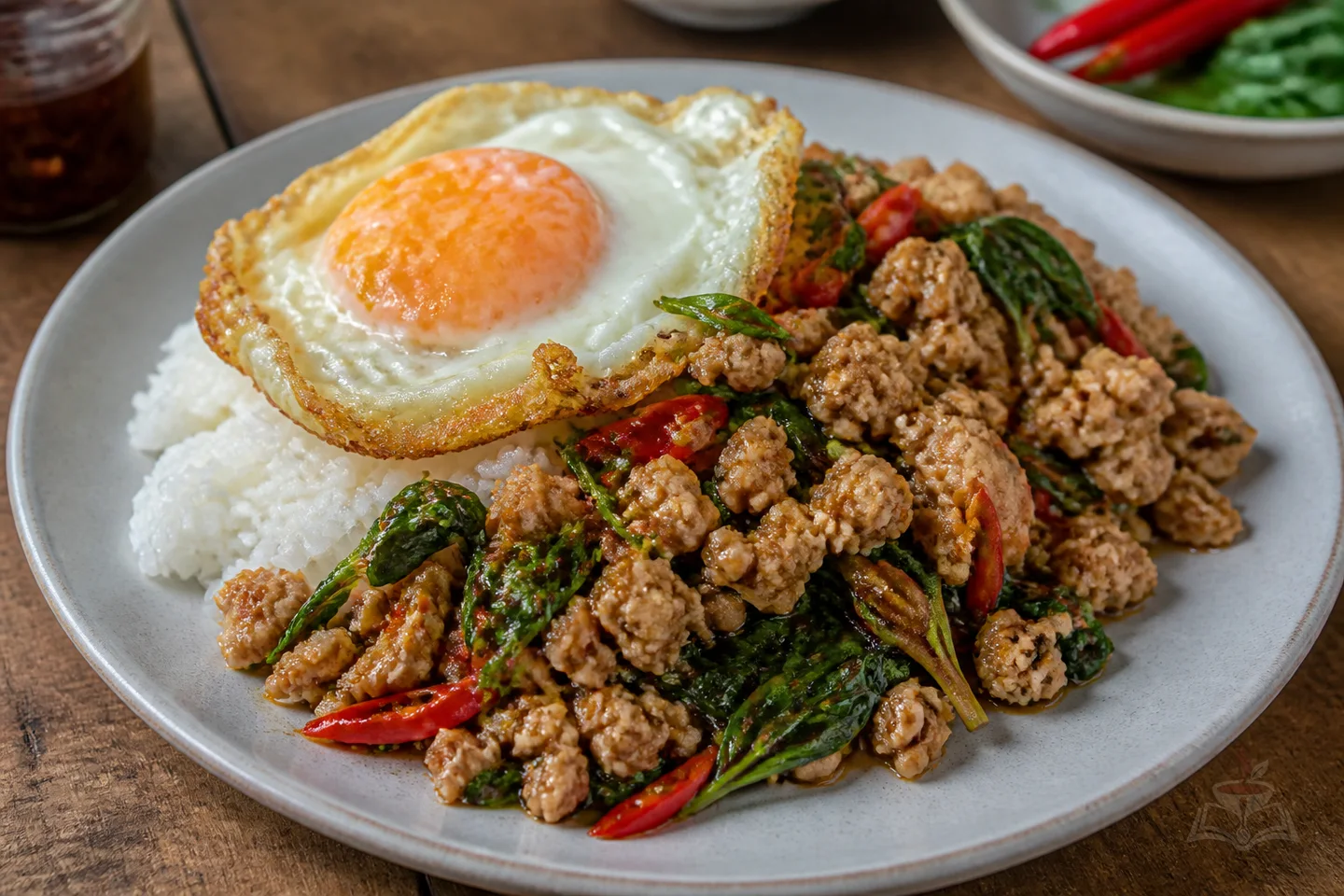 Thai pad kra pao chicken with holy basil, jasmine rice, chile, and fried egg