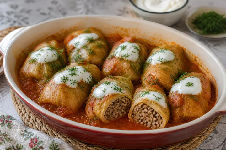 Ukrainian holubtsi cabbage rolls in tomato sauce with sour cream and dill
